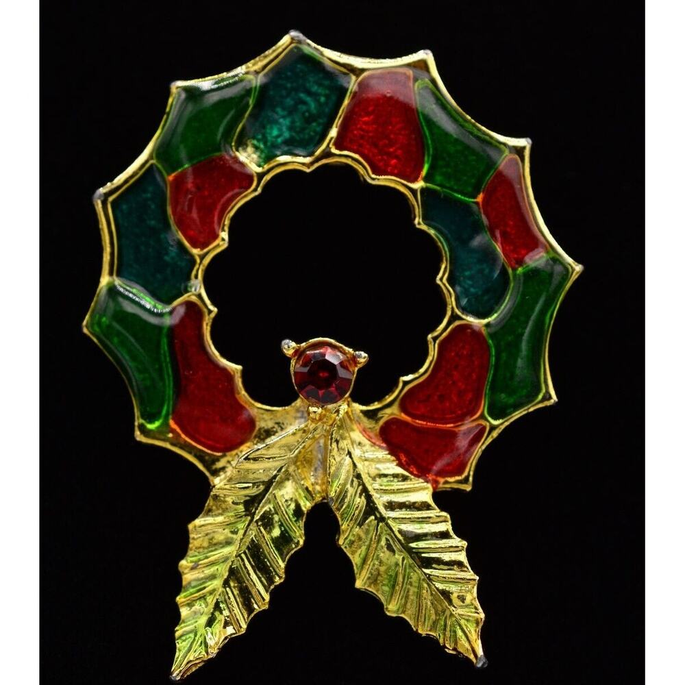 BJ Vintage Wreath Pin Brooch Gold Green Red Enamel Christmas Signed 1980s Bin5A